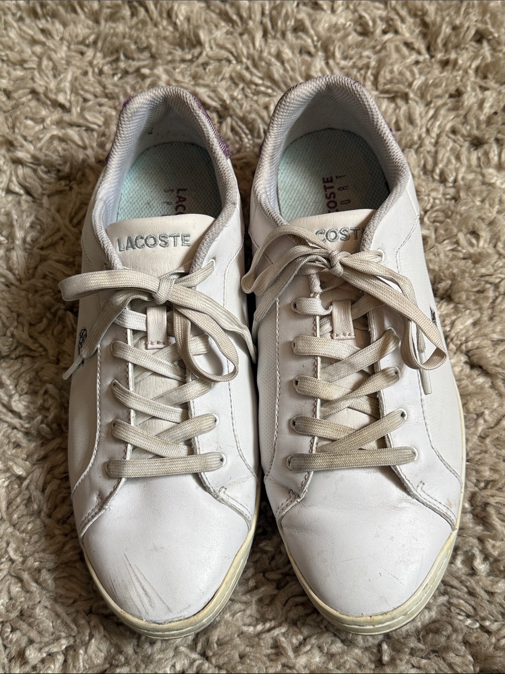 Lacoste White Leather Low-Top Sneakers Purple Chevron Heel Tab Size 9.5 - Picture 5 of 11